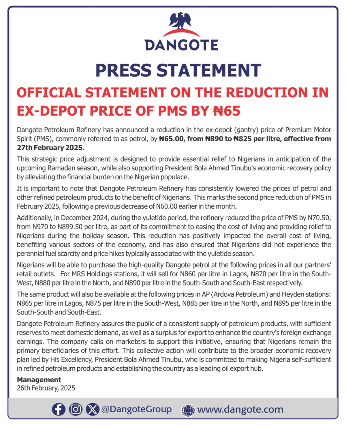 OFFICIAL STATEMENT ON THE REDUCTION IN EX-DEPOT PRICE OF PMS BY N65